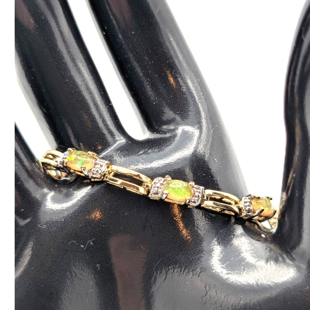 Vintage 925 Sterling Silver Vermeil Cat Eye Fire Opal Tennis Bracelet